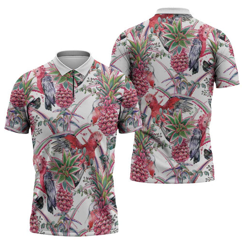 Australia Pink Galah Zipper Polo Shirt Rose-breasted Cockatoo Pineapple Seamless Vibes - Aussie Hoodie