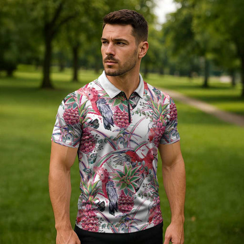 Australia Pink Galah Zipper Polo Shirt Rose-breasted Cockatoo Pineapple Seamless Vibes - Aussie Hoodie