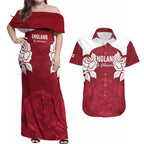 Custom England Rugby 2025 Couples Matching Off Shoulder Maxi Dress and Hawaiian Shirt Go Champions Red Rose