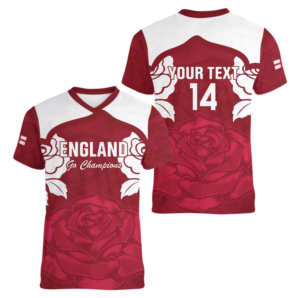 Custom England Rugby 2025 Women V-Neck T-Shirt Go Champions Red Rose