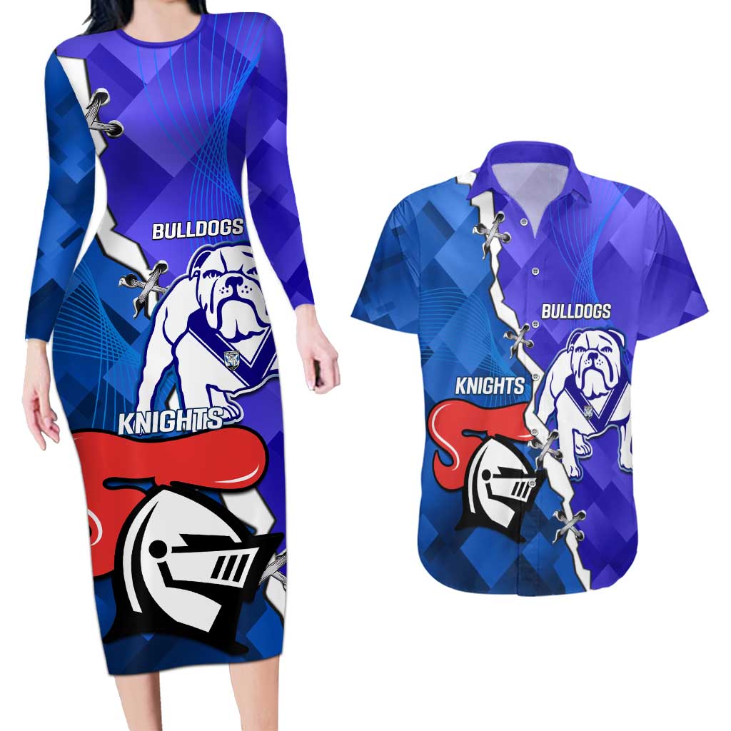 Custom Bulldogs And Knights Rugby 2025 Couples Matching Long Sleeve Bodycon Dress and Hawaiian Shirt Dynamic Style