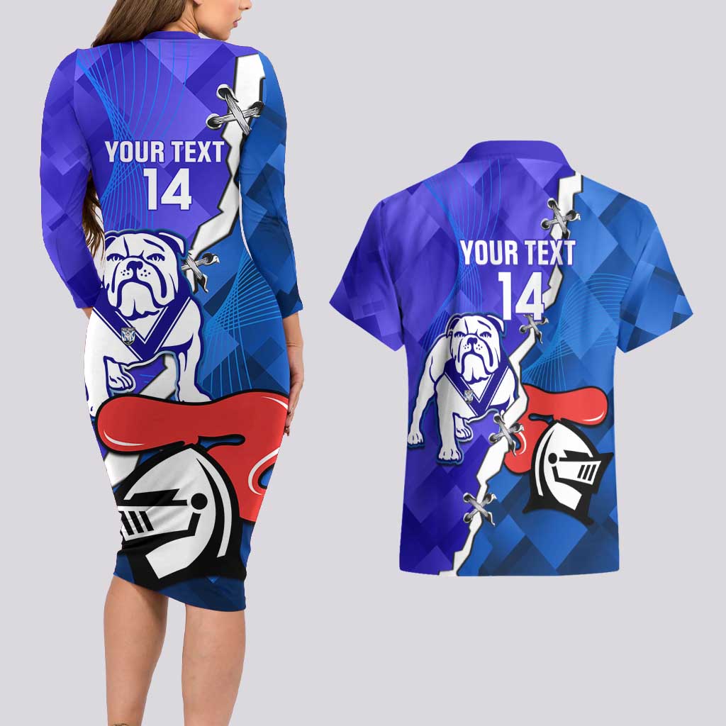 Custom Bulldogs And Knights Rugby 2025 Couples Matching Long Sleeve Bodycon Dress and Hawaiian Shirt Dynamic Style