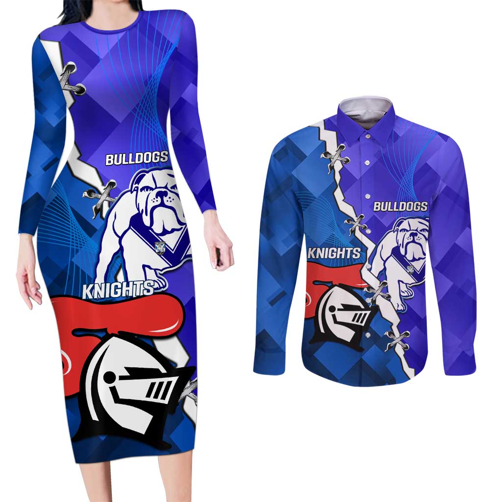 Custom Bulldogs And Knights Rugby 2025 Couples Matching Long Sleeve Bodycon Dress and Long Sleeve Button Shirt Dynamic Style