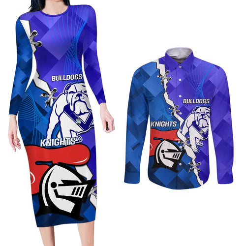 Custom Bulldogs And Knights Rugby 2025 Couples Matching Long Sleeve Bodycon Dress and Long Sleeve Button Shirt Dynamic Style