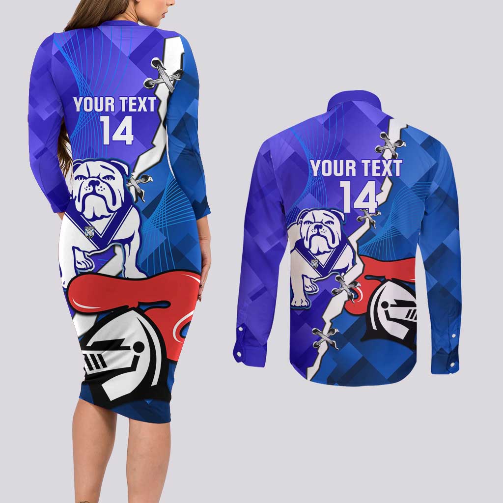 Custom Bulldogs And Knights Rugby 2025 Couples Matching Long Sleeve Bodycon Dress and Long Sleeve Button Shirt Dynamic Style