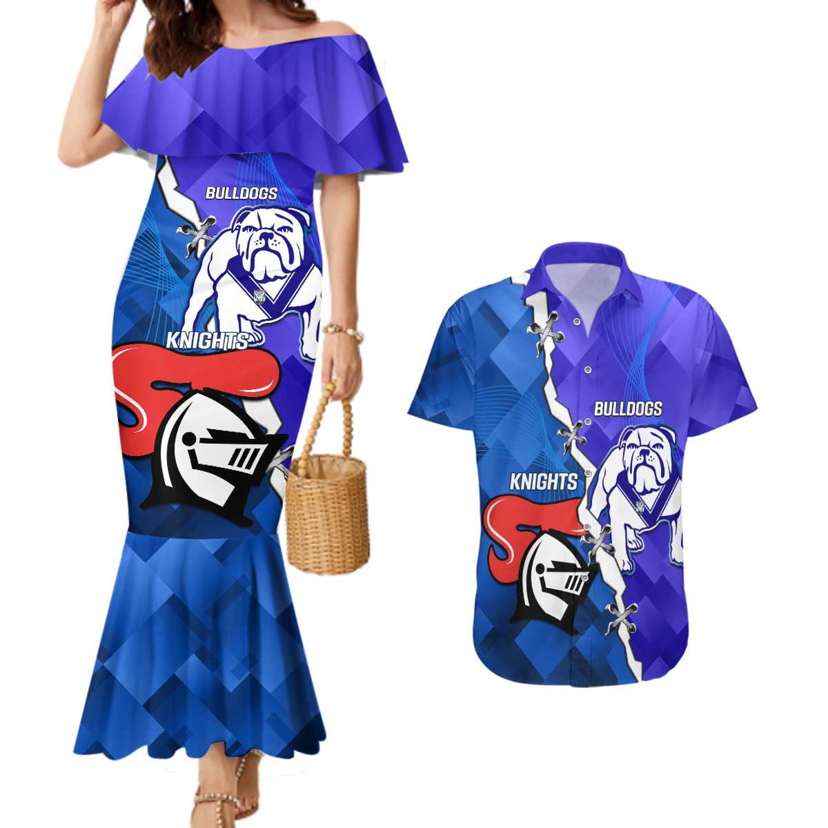 Custom Bulldogs And Knights Rugby 2025 Couples Matching Mermaid Dress and Hawaiian Shirt Dynamic Style
