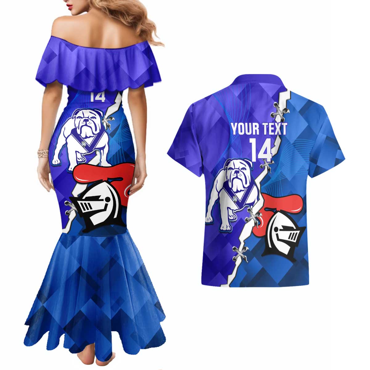 Custom Bulldogs And Knights Rugby 2025 Couples Matching Mermaid Dress and Hawaiian Shirt Dynamic Style