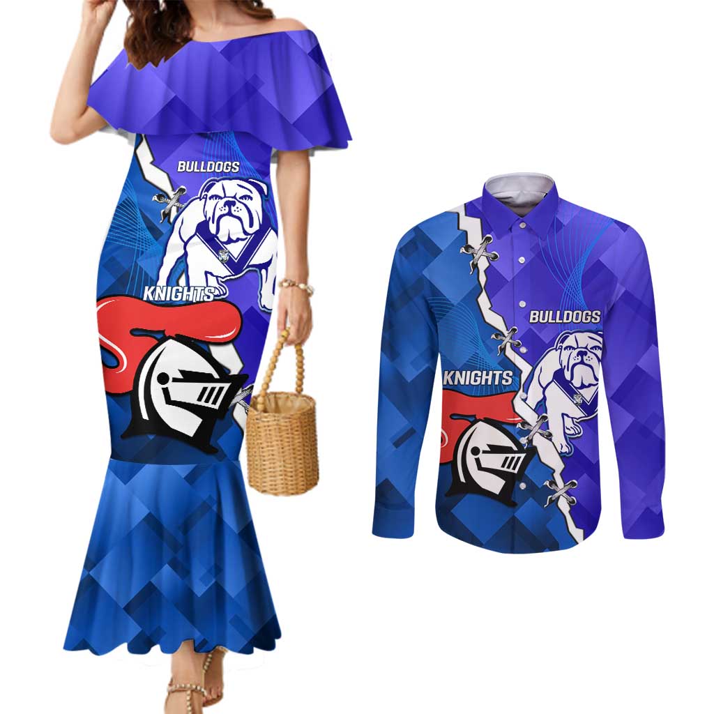 Custom Bulldogs And Knights Rugby 2025 Couples Matching Mermaid Dress and Long Sleeve Button Shirt Dynamic Style