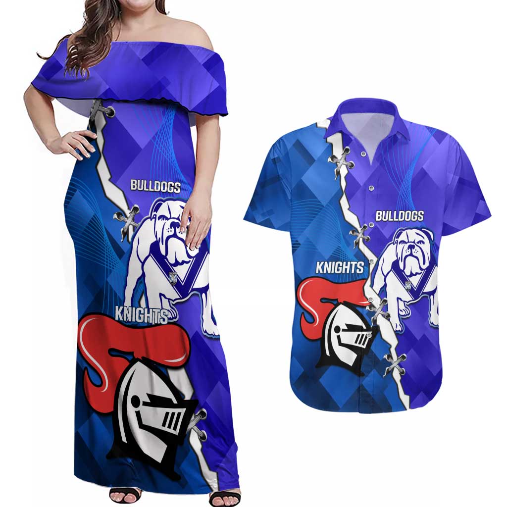 Custom Bulldogs And Knights Rugby 2025 Couples Matching Off Shoulder Maxi Dress and Hawaiian Shirt Dynamic Style
