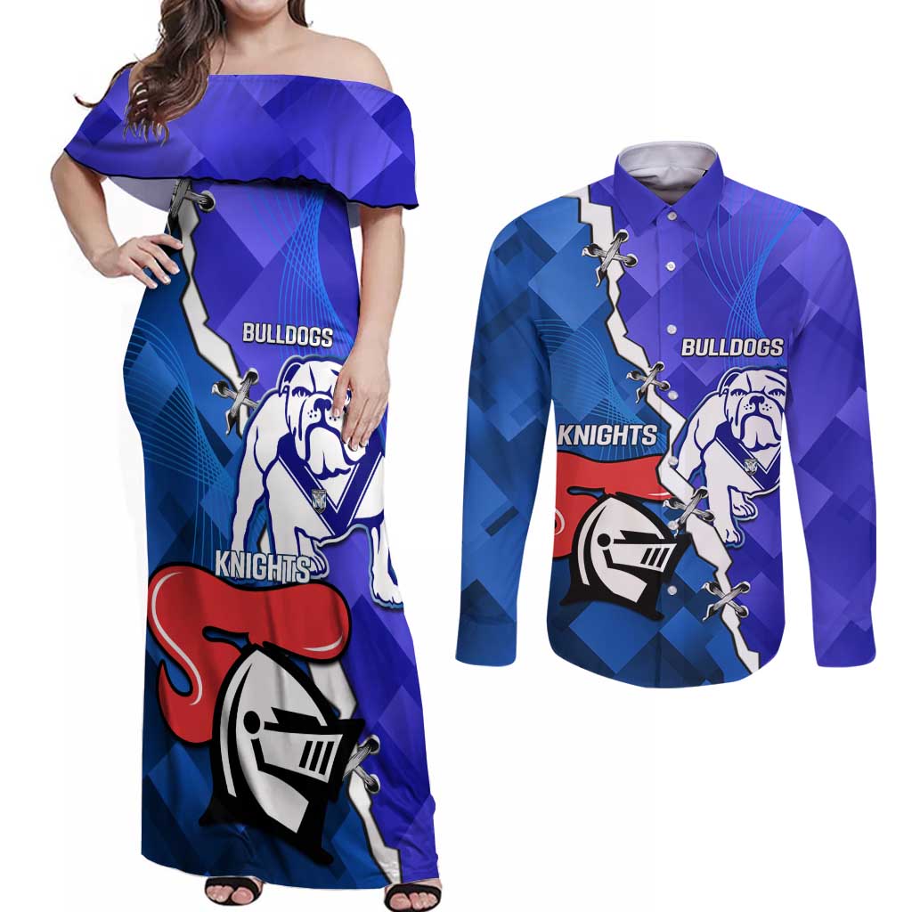 Custom Bulldogs And Knights Rugby 2025 Couples Matching Off Shoulder Maxi Dress and Long Sleeve Button Shirt Dynamic Style
