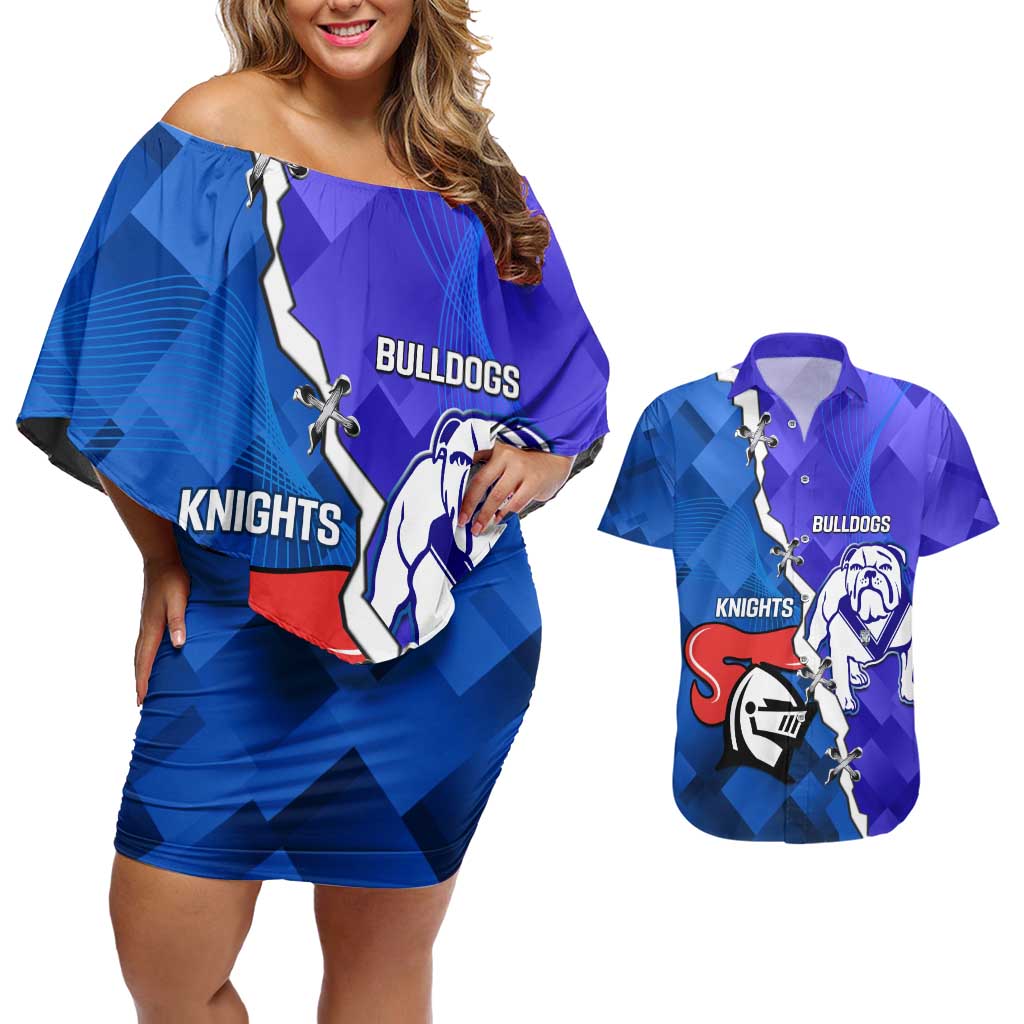Custom Bulldogs And Knights Rugby 2025 Couples Matching Off Shoulder Short Dress and Hawaiian Shirt Dynamic Style