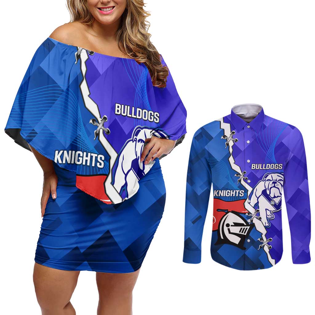 Custom Bulldogs And Knights Rugby 2025 Couples Matching Off Shoulder Short Dress and Long Sleeve Button Shirt Dynamic Style