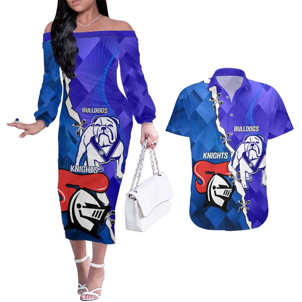Custom Bulldogs And Knights Rugby 2025 Couples Matching Off The Shoulder Long Sleeve Dress and Hawaiian Shirt Dynamic Style
