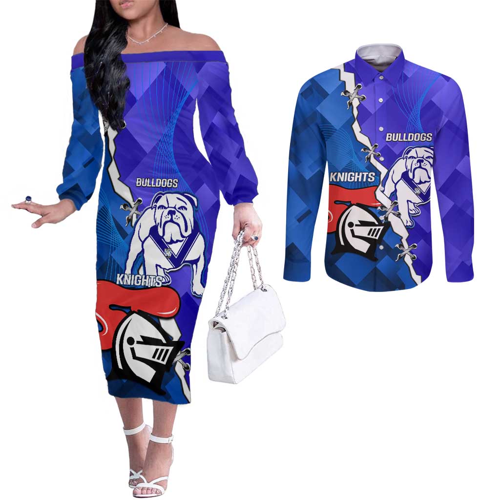 Custom Bulldogs And Knights Rugby 2025 Couples Matching Off The Shoulder Long Sleeve Dress and Long Sleeve Button Shirt Dynamic Style