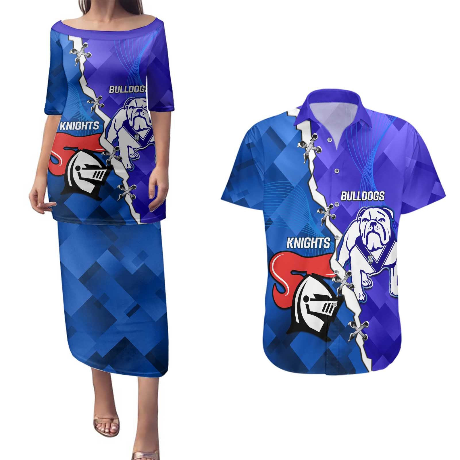 Custom Bulldogs And Knights Rugby 2025 Couples Matching Puletasi and Hawaiian Shirt Dynamic Style