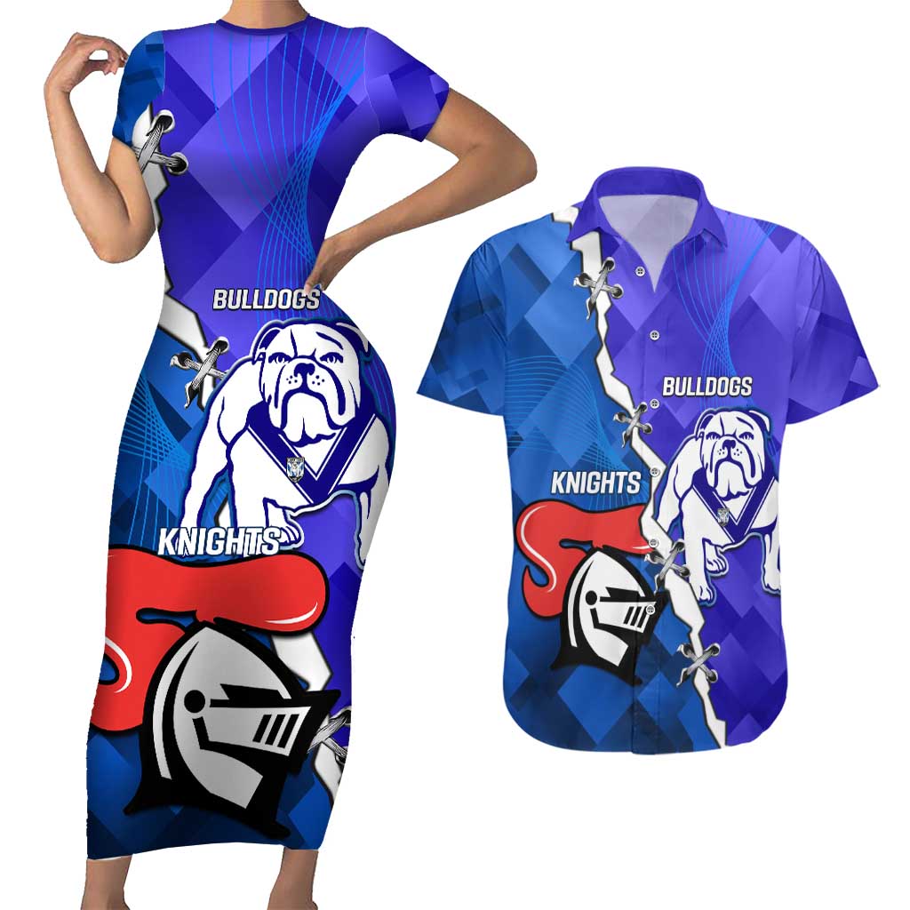 Custom Bulldogs And Knights Rugby 2025 Couples Matching Short Sleeve Bodycon Dress and Hawaiian Shirt Dynamic Style