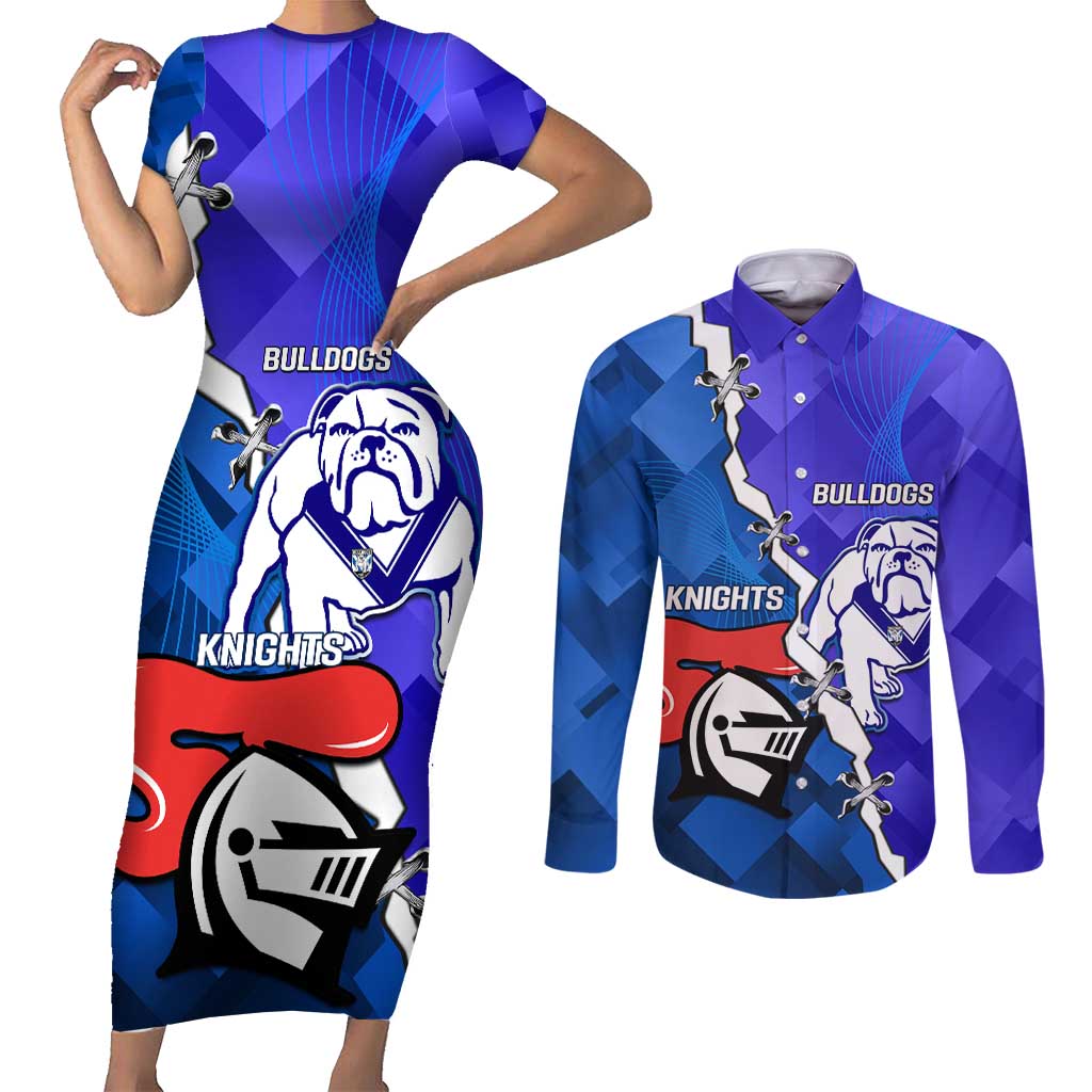 Custom Bulldogs And Knights Rugby 2025 Couples Matching Short Sleeve Bodycon Dress and Long Sleeve Button Shirt Dynamic Style