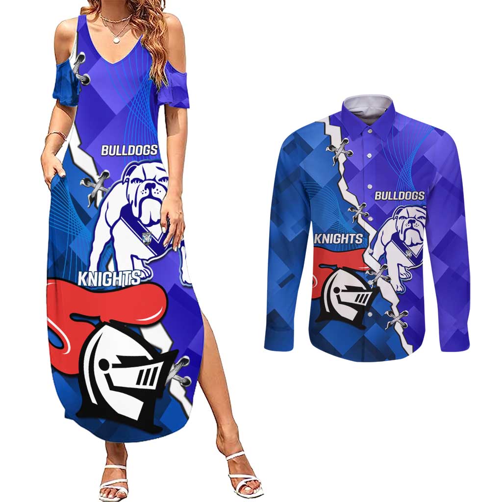 Custom Bulldogs And Knights Rugby 2025 Couples Matching Summer Maxi Dress and Long Sleeve Button Shirt Dynamic Style