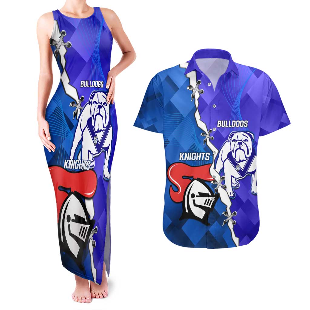 Custom Bulldogs And Knights Rugby 2025 Couples Matching Tank Maxi Dress and Hawaiian Shirt Dynamic Style
