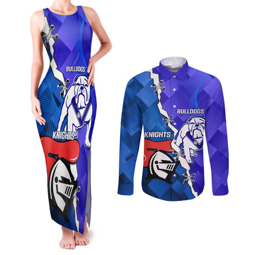 Custom Bulldogs And Knights Rugby 2025 Couples Matching Tank Maxi Dress and Long Sleeve Button Shirt Dynamic Style