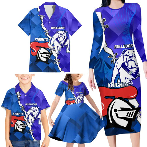 Custom Bulldogs And Knights Rugby 2025 Family Matching Long Sleeve Bodycon Dress and Hawaiian Shirt Dynamic Style