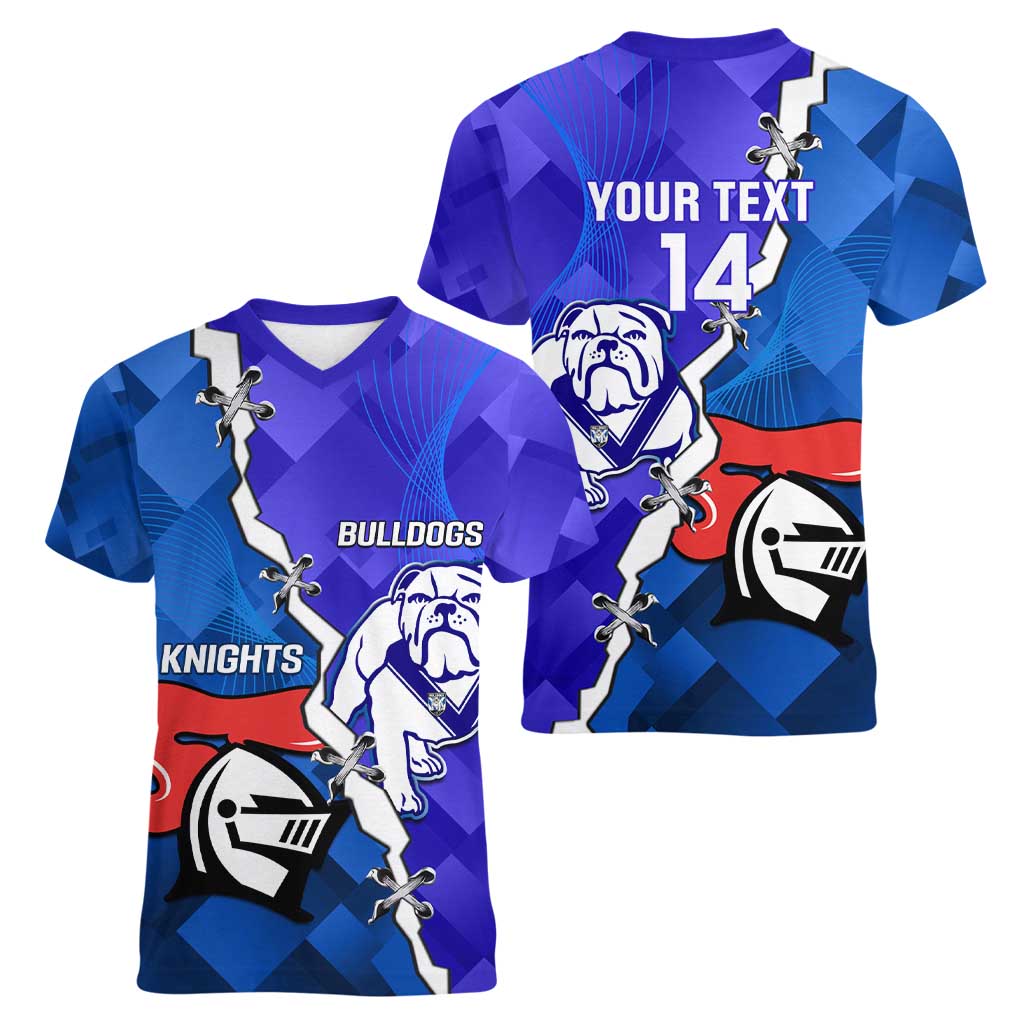 Custom Bulldogs And Knights Rugby 2025 Women V-Neck T-Shirt Dynamic Style