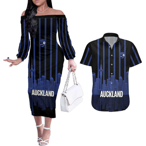 New Zealand Auckland Football Custom Couples Matching Off The Shoulder Long Sleeve Dress and Hawaiian Shirt Go City of Sails Est 2025