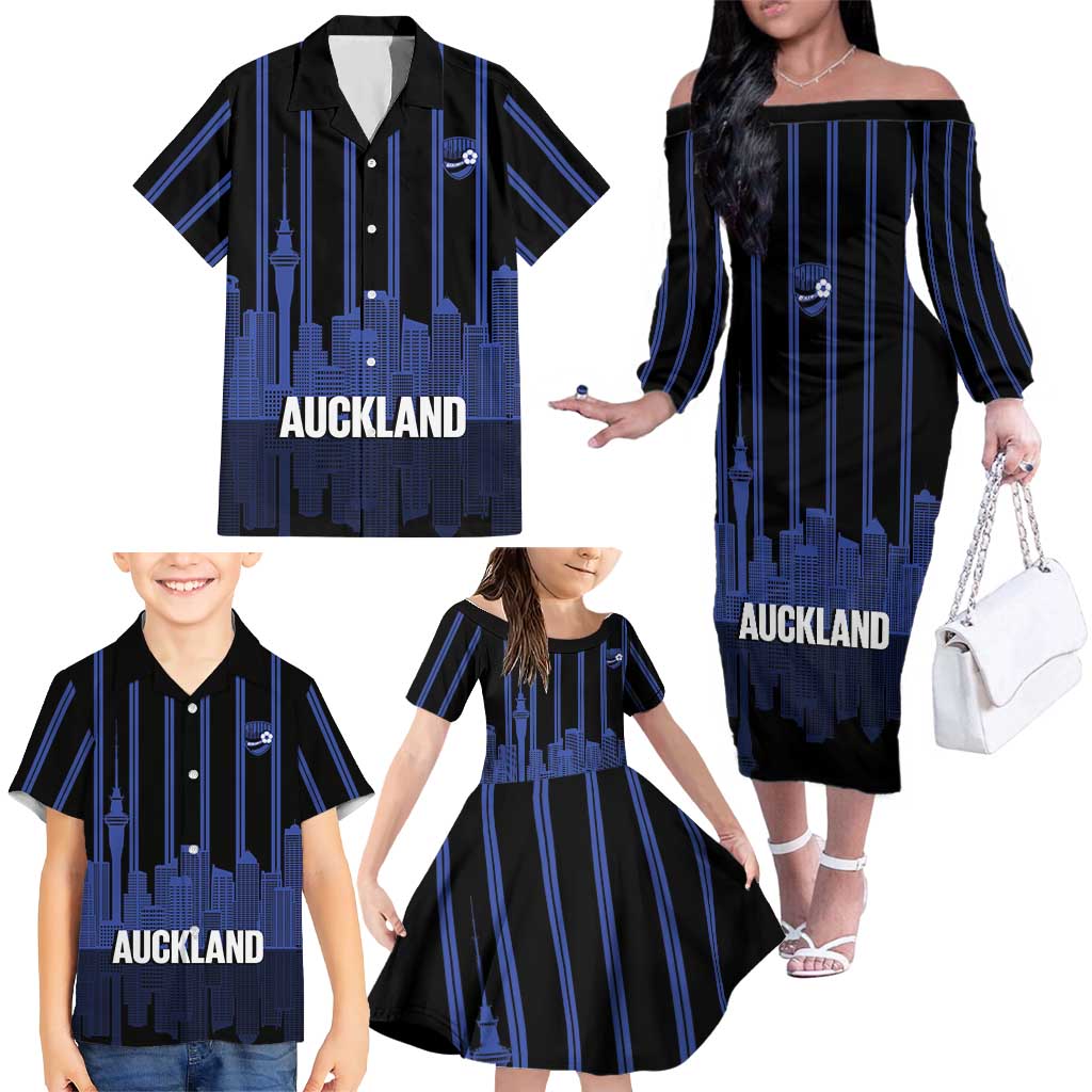New Zealand Auckland Football Custom Family Matching Off The Shoulder Long Sleeve Dress and Hawaiian Shirt Go City of Sails Est 2025