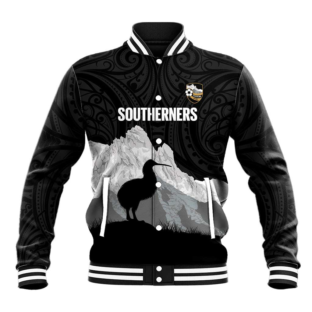 New Zealand South Island Football Custom Baseball Jacket Aoraki Mount Cook With Kiwi Maori Pattern