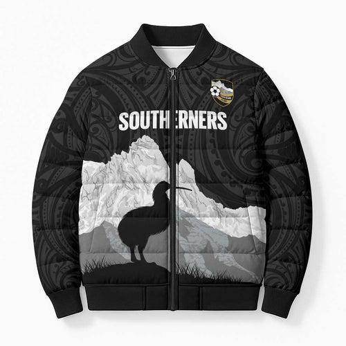 New Zealand South Island Football Custom Bomber Puffer Jacket Aoraki Mount Cook With Kiwi Maori Pattern