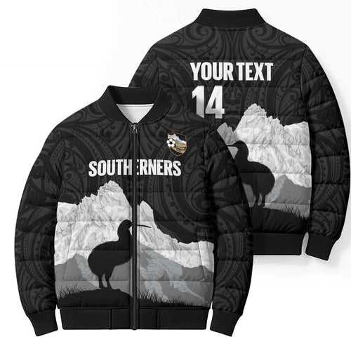 New Zealand South Island Football Custom Bomber Puffer Jacket Aoraki Mount Cook With Kiwi Maori Pattern