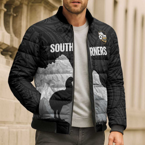 New Zealand South Island Football Custom Bomber Puffer Jacket Aoraki Mount Cook With Kiwi Maori Pattern