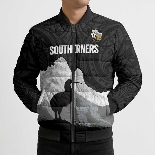 New Zealand South Island Football Custom Bomber Puffer Jacket Aoraki Mount Cook With Kiwi Maori Pattern