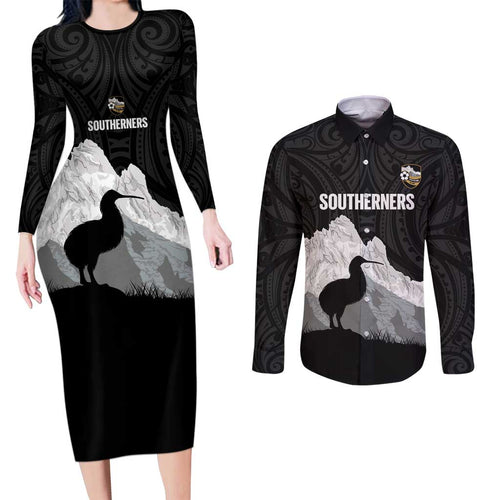 New Zealand South Island Football Custom Couples Matching Long Sleeve Bodycon Dress and Long Sleeve Button Shirt Aoraki Mount Cook With Kiwi Maori Pattern