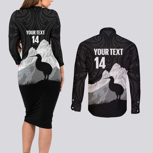 New Zealand South Island Football Custom Couples Matching Long Sleeve Bodycon Dress and Long Sleeve Button Shirt Aoraki Mount Cook With Kiwi Maori Pattern