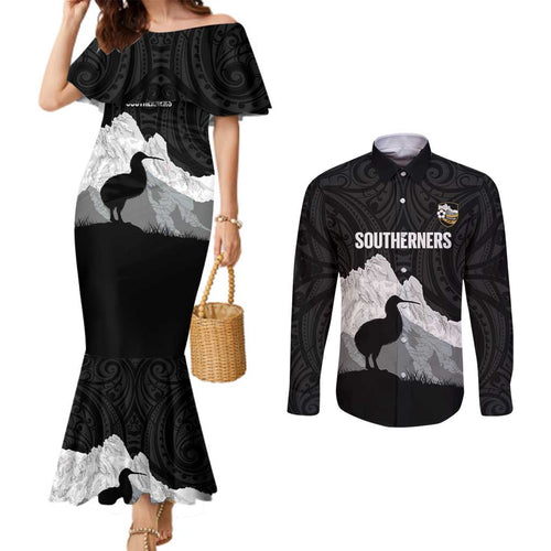 New Zealand South Island Football Custom Couples Matching Mermaid Dress and Long Sleeve Button Shirt Aoraki Mount Cook With Kiwi Maori Pattern