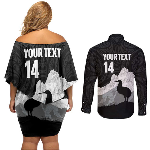 New Zealand South Island Football Custom Couples Matching Off Shoulder Short Dress and Long Sleeve Button Shirt Aoraki Mount Cook With Kiwi Maori Pattern