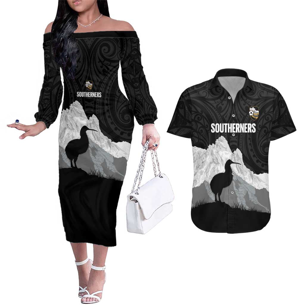 New Zealand South Island Football Custom Couples Matching Off The Shoulder Long Sleeve Dress and Hawaiian Shirt Aoraki Mount Cook With Kiwi Maori Pattern