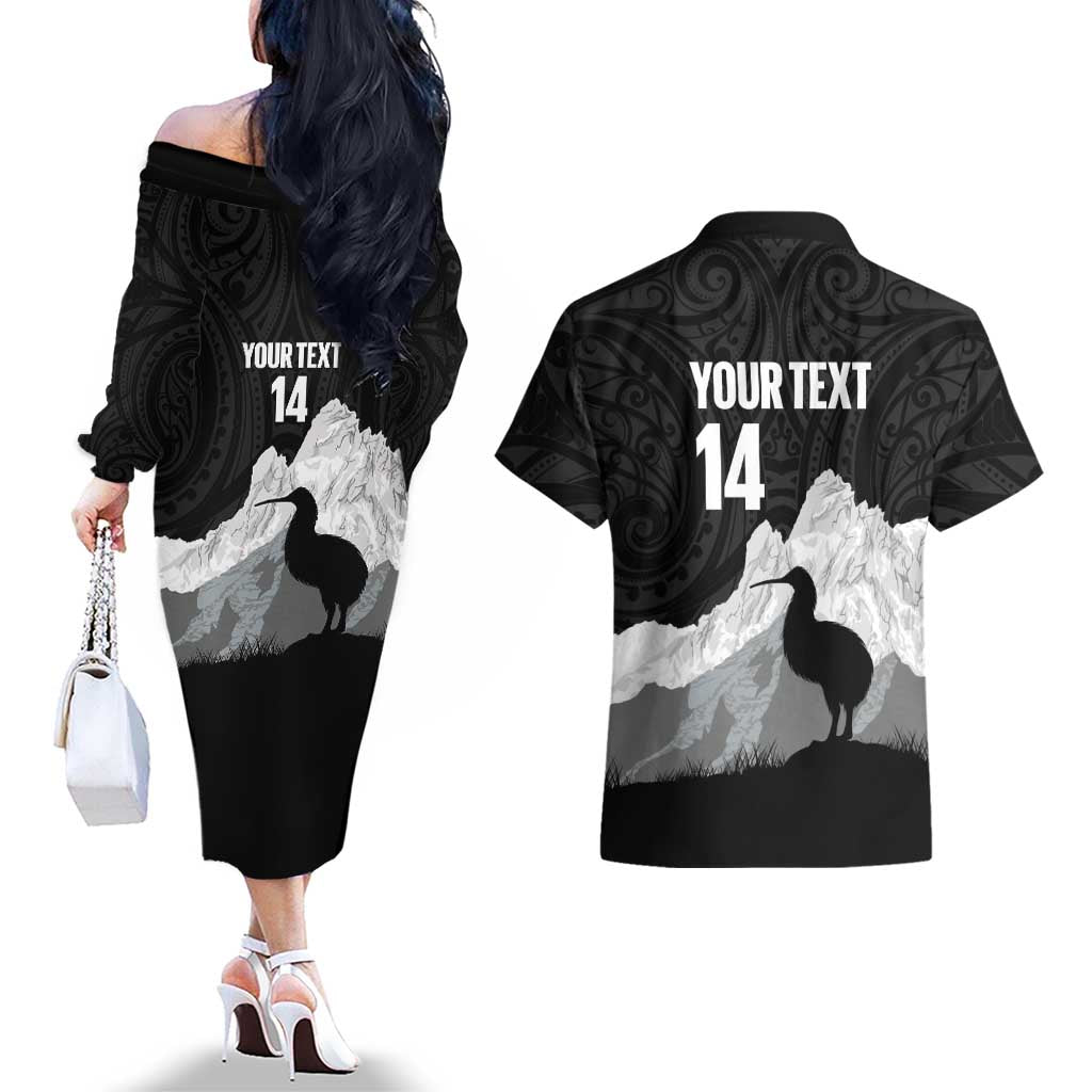 New Zealand South Island Football Custom Couples Matching Off The Shoulder Long Sleeve Dress and Hawaiian Shirt Aoraki Mount Cook With Kiwi Maori Pattern