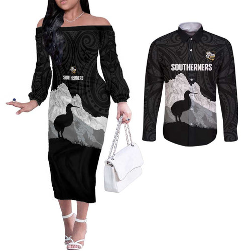 New Zealand South Island Football Custom Couples Matching Off The Shoulder Long Sleeve Dress and Long Sleeve Button Shirt Aoraki Mount Cook With Kiwi Maori Pattern