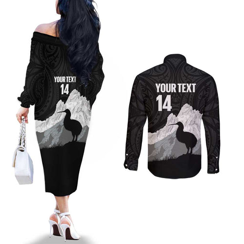 New Zealand South Island Football Custom Couples Matching Off The Shoulder Long Sleeve Dress and Long Sleeve Button Shirt Aoraki Mount Cook With Kiwi Maori Pattern