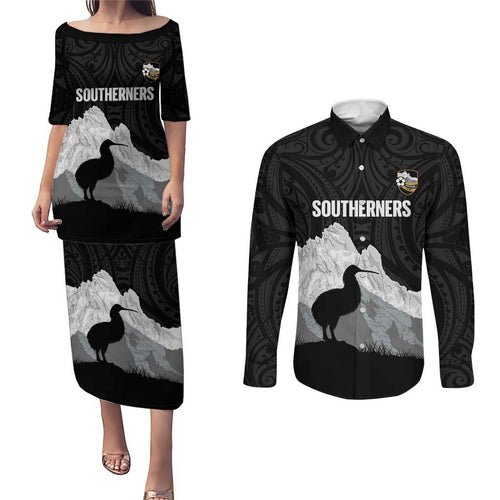 New Zealand South Island Football Custom Couples Matching Puletasi and Long Sleeve Button Shirt Aoraki Mount Cook With Kiwi Maori Pattern