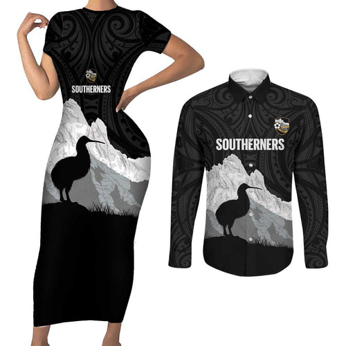 New Zealand South Island Football Custom Couples Matching Short Sleeve Bodycon Dress and Long Sleeve Button Shirt Aoraki Mount Cook With Kiwi Maori Pattern