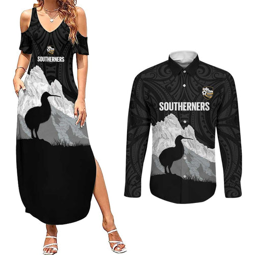 New Zealand South Island Football Custom Couples Matching Summer Maxi Dress and Long Sleeve Button Shirt Aoraki Mount Cook With Kiwi Maori Pattern