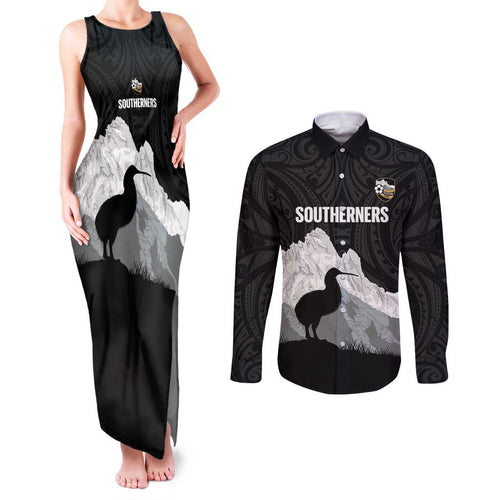 New Zealand South Island Football Custom Couples Matching Tank Maxi Dress and Long Sleeve Button Shirt Aoraki Mount Cook With Kiwi Maori Pattern