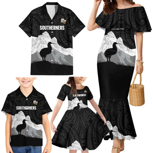 New Zealand South Island Football Custom Family Matching Mermaid Dress and Hawaiian Shirt Aoraki Mount Cook With Kiwi Maori Pattern