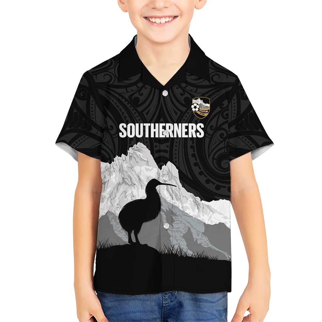 New Zealand South Island Football Custom Kid Hawaiian Shirt Aoraki Mount Cook With Kiwi Maori Pattern
