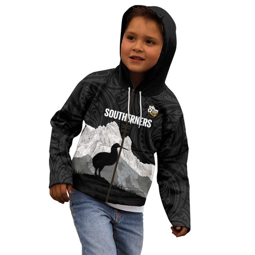 New Zealand South Island Football Custom Kid Hoodie Aoraki Mount Cook With Kiwi Maori Pattern