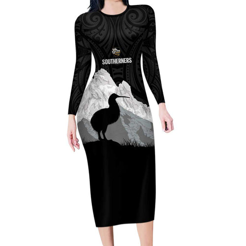New Zealand South Island Football Custom Long Sleeve Bodycon Dress Aoraki Mount Cook With Kiwi Maori Pattern