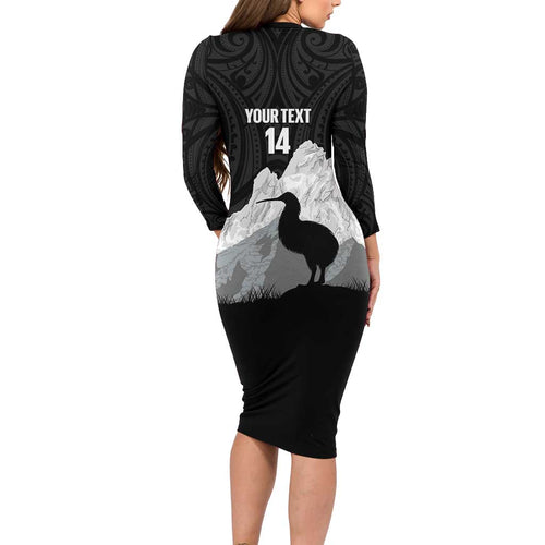New Zealand South Island Football Custom Long Sleeve Bodycon Dress Aoraki Mount Cook With Kiwi Maori Pattern